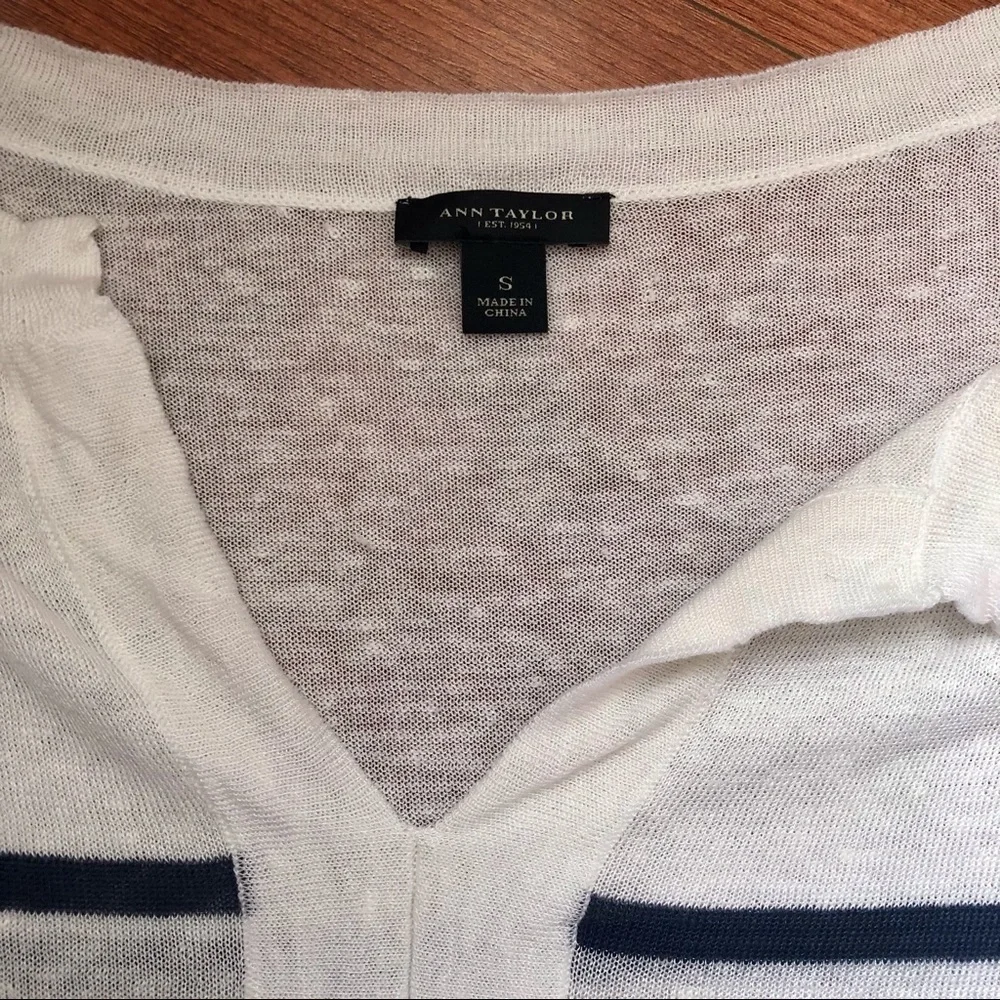 New ANN TAYLOR Striped Linen-Blend Top White Blue